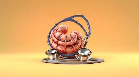 3D 渲染胃与手持听诊器描绘健康消化系统的概念