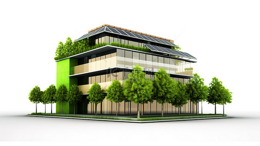 白色背景上孤立的 3D 插图中的生态友好型绿色建筑