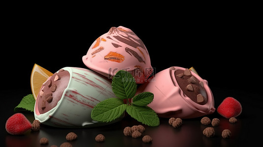 榛子背景图片_美味的 3d 冰淇淋勺注入榛子薄荷巧克力橙子和草莓片