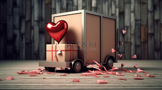 情人节灵感木货车卡车，配有 3D 渲染的心形和礼品盒
