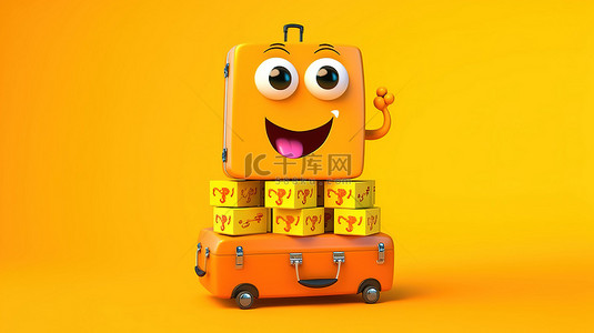 黄色背景，3D 人物吉祥物拿着橙色手提箱和一堆百元大钞