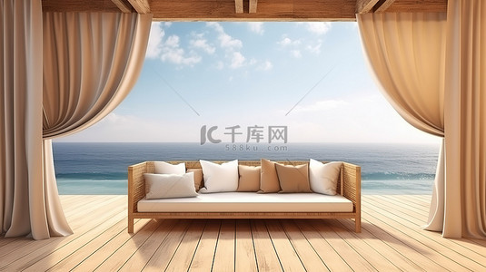 海滨背景上配有布艺沙发的木制露台，令人惊叹的 3D 渲染，打造宁静的夏季度假胜地