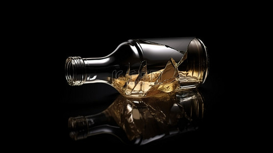 酒标背景图片_黑色背景 3D 渲染上破碎的玻璃瓶