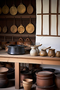一个小厨房，柜台上有木锅和盘子