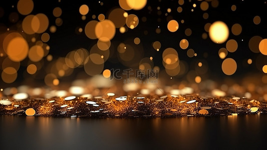 黑色浮动散景背景 3d 渲染上闪闪发光的金色星尘