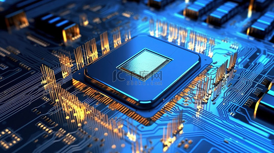 电路cpu背景图片_3D 渲染电路板，带有来自未来 CPU 处理器的发光蓝光