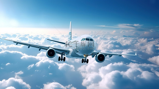 3d 渲染旅行概念飞机在云层中翱翔
