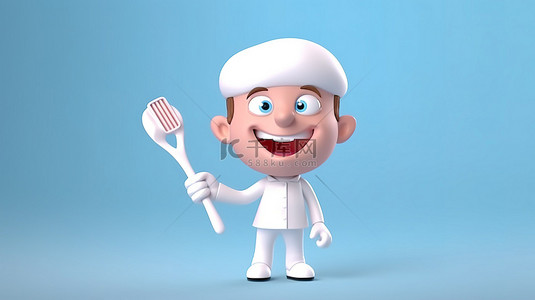 牙医拿着牙刷和牙齿以获得最佳口腔健康 3D 卡通风格图像