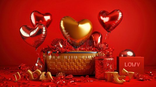 情人节那天，金色箔气球上有 3D 心锥礼品盒和红色背景的球