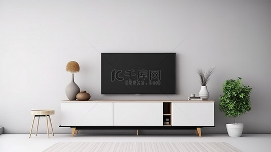 时尚的黑色智能电视在白色现代客厅 3D 渲染中展示