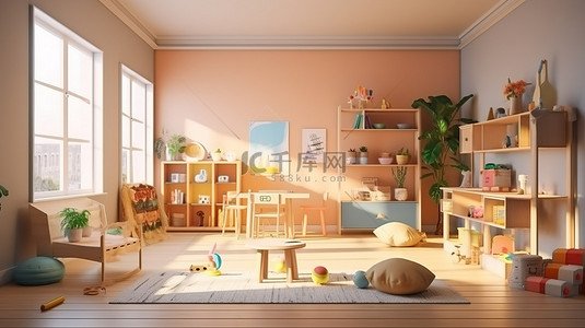 公寓或房屋中儿童卧室和休息室空间的 3D 渲染