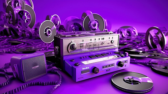 紫色主题 3D 渲染，以盒式磁带和耳机中的老式录音机为特色