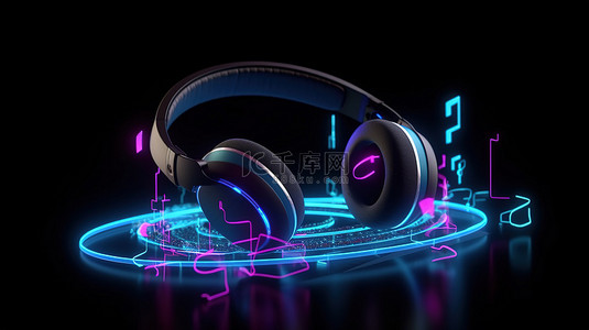 未来与科技背景图片_音乐 nft 概念 3d 渲染霓虹灯耳机图标与音乐笔记和声波