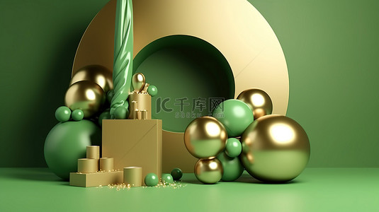 恋爱圆形背景图片_3D 工作室中金球礼品盒和气球的绿色场景圆形讲台