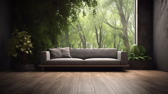 现代客厅，木地板上有沙发，自然背景为 3D 渲染