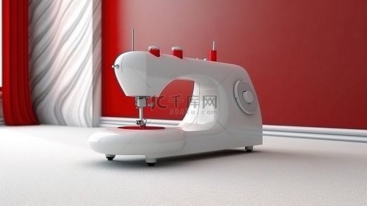 3D 渲染现代白色缝纫机在白色圆桌上的极端特写，房间内有红地毯地板和白色墙壁