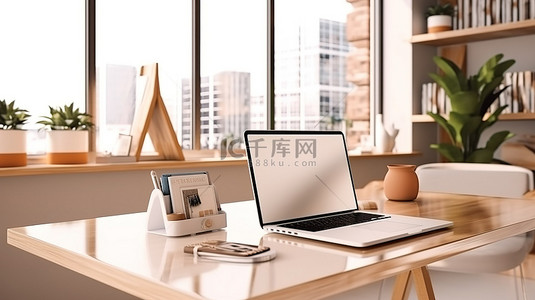 现代阁楼办公室，配有 3D 渲染白屏数字平板电脑触摸板模型