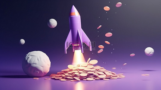 概念卡通火箭喷气机在 3d 渲染的紫色柔和背景上穿过硬币和星星