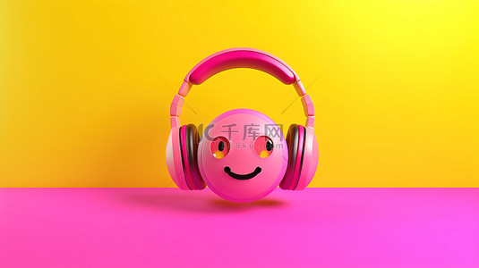 粉红色背景下戴着耳机的音乐表情符号的 3D 渲染