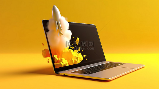 黄色背景 3d，带笔记本电脑屏幕和火箭插画设计