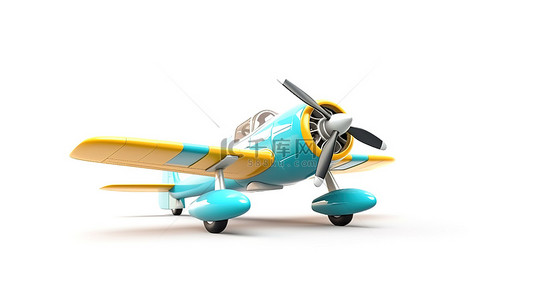 旅行白色背景图片_孤立在白色背景上，一架两座复古飞机的 3D 渲染，从后角看到，有可爱的黄色和蓝色配色方案