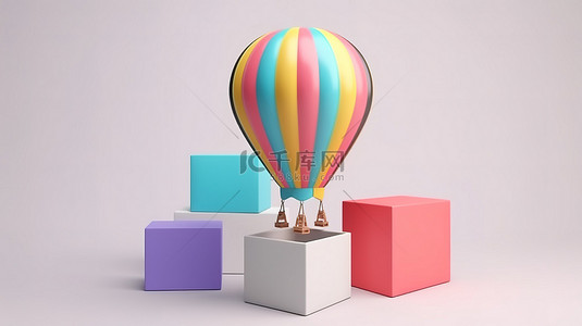 白色背景以令人惊叹的 3D 渲染展示了一个装饰有彩色热气球的礼盒