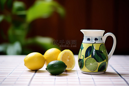 柠檬茶柠檬背景图片_水罐用石灰柠檬和鳄梨叶