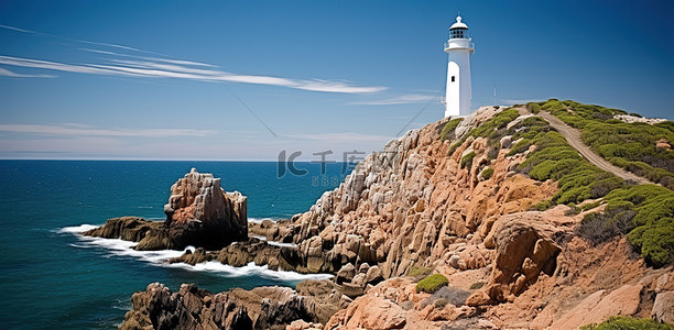 背景海背景图片_一座白色灯塔坐落在岩石悬崖上