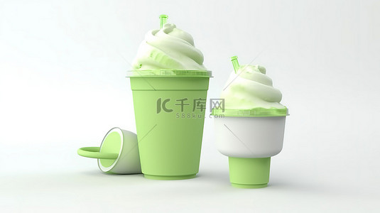 3D 渲染卡通风格软冰淇淋筒，充满绿茶风味，白色背景隔离
