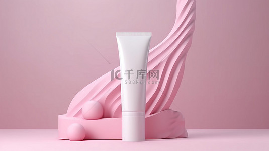 粉红色抽象形状背景模型上化妆品或护肤白管的 3D 渲染