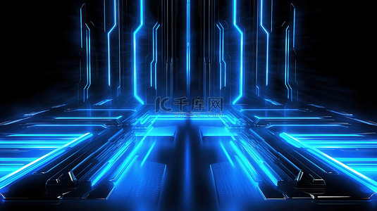 亮色光背景图片_黑色背景与抽象蓝色霓虹灯塑造了一个未来派科幻奇观，有充足的插图空间3D 渲染