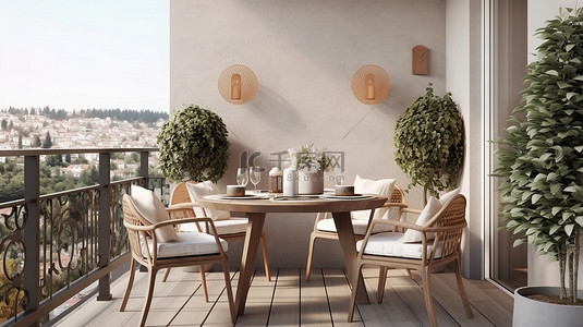 室外露台阳台的 3D 渲染与斯堪的纳维亚现代餐桌设计插图