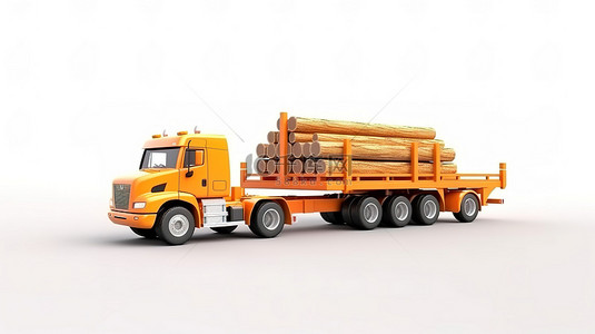 木工切割背景图片_3D 渲染白色背景描绘了带有拖车的橙色伐木拖拉机