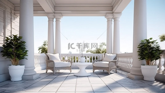 拱形背景图片_3D 渲染的柱廊露台设计与经典柳条家具