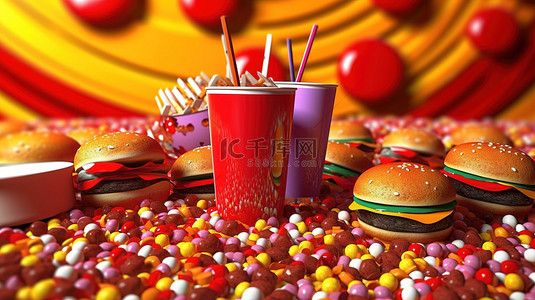 红色汉堡背景图片_红色背景 3D 渲染上彩色球体中充满活力的汉堡热狗和苏打水展示