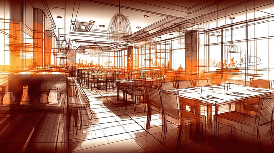 令人惊叹的 3D 插图草图餐厅轮廓