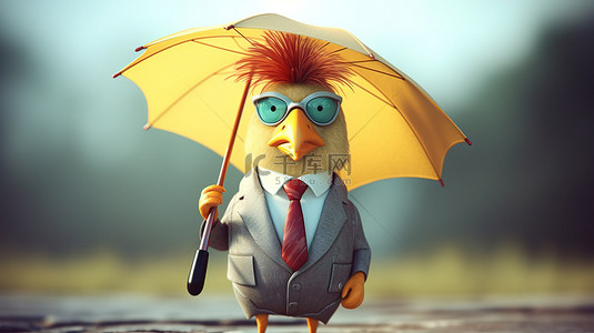 穿着 3D 鸡的西装，滑稽地用雨伞遮挡