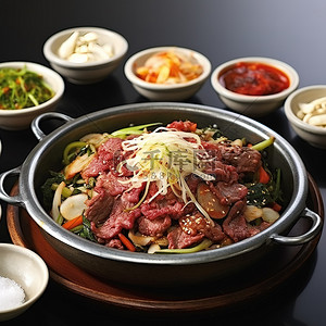 烤牛肉背景图片_首尔最好的烤牛肉海鲜面条和沙拉