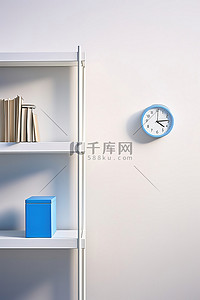 在白色的墙上，书旁边有蓝色的时钟