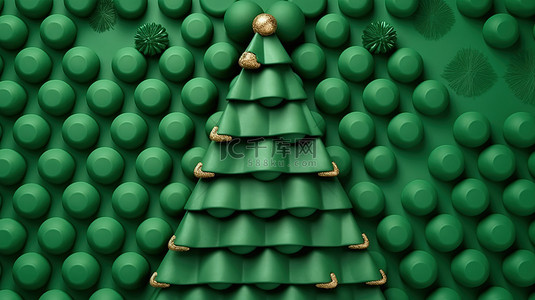 创新产品展示节日圣诞树，带有充满活力的绿色糖果纹理 3D 假日背景和鸟瞰图