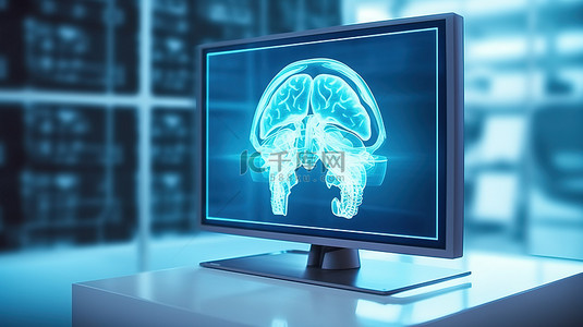实验室器材背景图片_核磁共振实验室成像 X 射线大脑视图显示在以 3D 渲染的计算机显示器上
