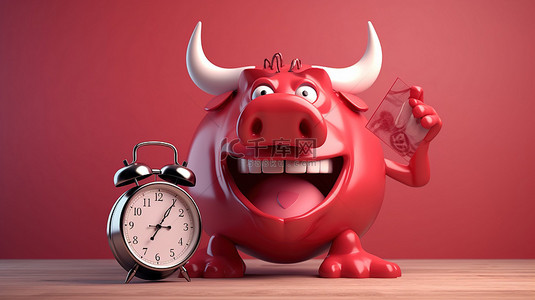 有趣的 3d 红牛，带有标志和时钟