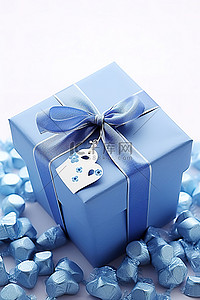 折扣装饰背景图片_一个蓝色的礼品盒，包装并装饰有礼品标签