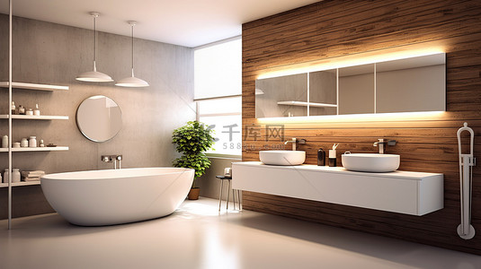 简约浴室镜子背景图片_简约浴室设计与现代大灯 3D 渲染