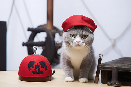 边顶背景图片_一只灰猫站在桌子旁边，旁边有一顶红帽子