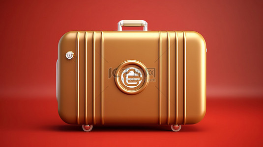 滚动手提箱徽章闪闪发光的金色手提箱在哑光红板上滚动 3d 渲染的社交媒体图标