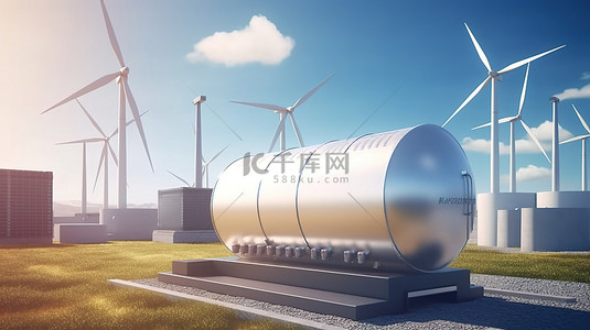背景为太阳能电池板风力涡轮机和储能装置的氢气罐 3D 渲染