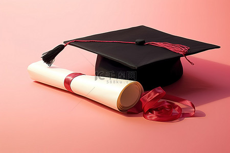 粉红色帽子背景图片_毕业帽和文凭坐在粉红色的表面上