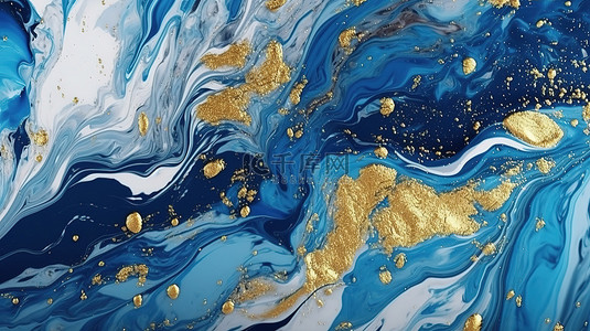金色飞溅增强蓝色大理石丙烯酸流体纹理 3D 插图