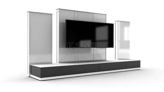 液晶电视背景图片_空白贸易展览摊位的集合，配有液晶电视架 3D 渲染隔离在白色